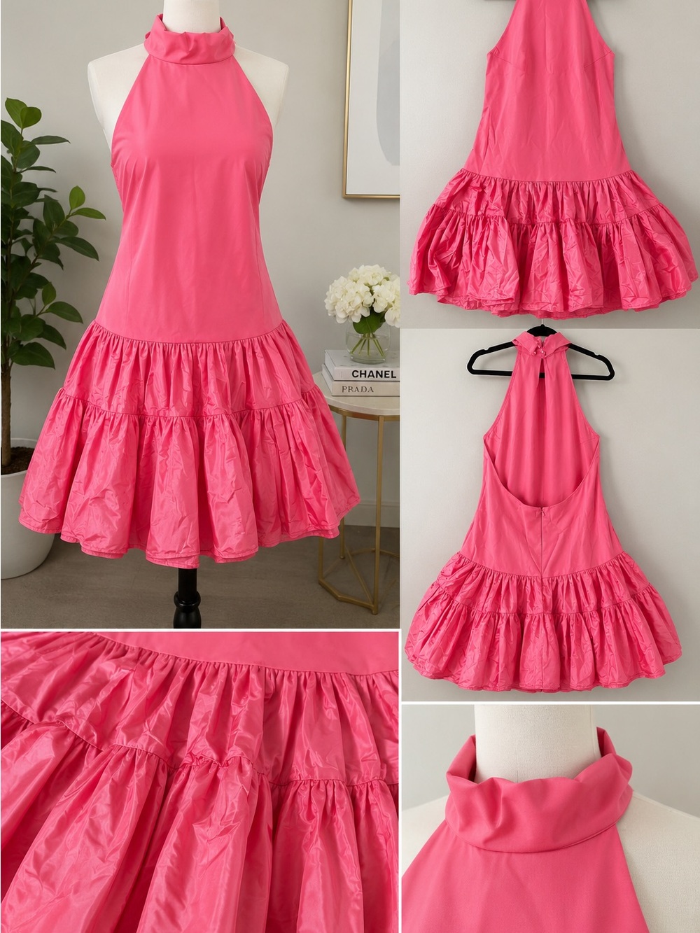 Bright Pink Halter Tiered Ruffle Dress
